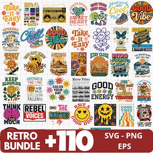May include: A collection of retro-themed digital designs, including graphics with phrases like "Good Vibes," smiley faces, and cassette tapes. The designs feature a vibrant color palette and are available in SVG, PNG, and EPS formats.