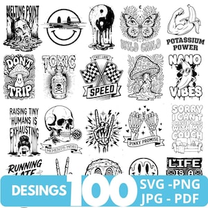 May include: A collection of 20 black and white graphic designs, including a melting face, a smiley face, a yin-yang symbol, a butterfly with the words "Wild Child", a banana with the words "Potassium Power", a mushroom with the words "Don't Trip", a skull, and more.