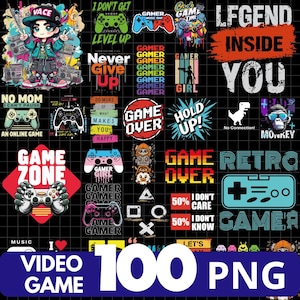 May include: A collection of 100 PNG images with video game-themed designs. The images feature various game controllers, text like "Game Over," and cartoon characters. The color palette includes vibrant blues, reds, and greens.