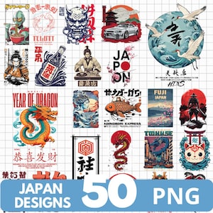 May include: A collection of 50 PNG Japanese designs featuring various illustrations. Designs include a dragon, koi fish, samurai, and text that says "Japan Designs" and "PNG". The designs are in various colors.