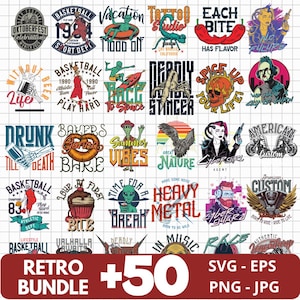 May include: A collection of over 50 retro-style graphic designs. The designs feature various themes, including basketball, aliens, tattoos, and music. The color palette includes red, blue, and yellow. The bundle includes SVG, EPS, PNG, and JPG file formats.