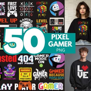 May include: A collection of 50 pixel gamer PNG graphics with various designs, including game controllers, text, and a Rubik's Cube. The image also features a black t-shirt with a Rubik's Cube design and a black sweatshirt with a pixelated heart.