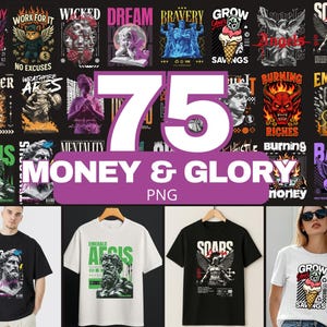 Puede incluir: Una colección de diseños de camisetas gráficas con varias ilustraciones y texto. Los diseños incluyen alas de ángel, estatuas y texto como "Money & Glory", "Scars" y "Grow Savings". La imagen también muestra ejemplos de las camisetas.