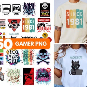 May include: A collection of 50 gamer-themed PNG graphics, including skull designs, game controllers, and text like "Game Over" and "Since 1981." Also includes two t-shirts, one with "Since 1981" and the other with a cat and the text "Hacker Cat."