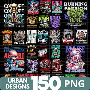 Puede incluir: Una colección de gráficos de diseño urbano con varios temas, incluyendo dinero, calaveras y ángeles. Los diseños presentan textos como "Hustle", "Money" y "Dreams", junto con ilustraciones. La imagen incluye el texto "150 PNG."