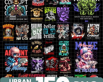 150 Urban Hustle PNG Bundle Money Skeleton Streetwear Cash King Sublimation Designs Commercial