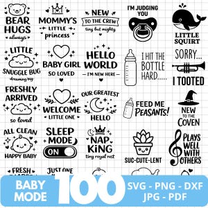 May include: A collection of 100 baby-themed SVG, PNG, DXF, JPG, and PDF files. The black and white designs include phrases like "Bear Hugs," "Mommy's Little Princess," and "Hello World," along with baby-related graphics.