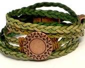 Green Braided Wreath, Leather Wrap Bracelet, Whirly Wrap, copper wreath design button, natural green leather, copper accents, secure magnet