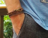 Leather Bracelet, Unisex, Whirly Wrap, Men Bracelet, Silver or Brass Claw Clasp, weathered natural brown leather, twice around and hook