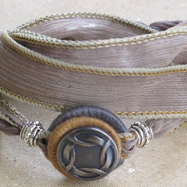 Silk Whirly Wrap Bracelet in slate sand and earth with a silver Celtic love knot  neutral colors elegant