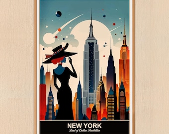 Empire State Poster, Travel Art Deco New York Skyline JPG Digital Download