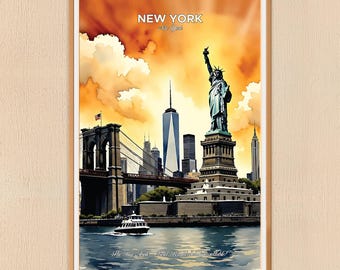 Art Deco NYC Travel Poster: Statue of Liberty, Brooklyn Bridge Prints (Digital Download)