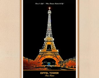 Eiffel Tower Travel Poster: Vintage Night Paris France Wall Art Prints (Digital Download)