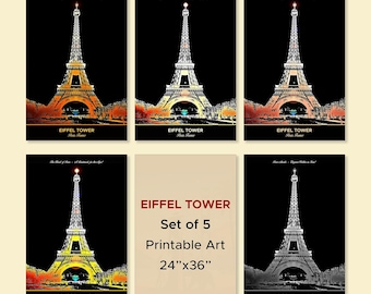 Eiffel Tower Posters, Set Of 5 Paris Art Deco JPG Files, 24x36