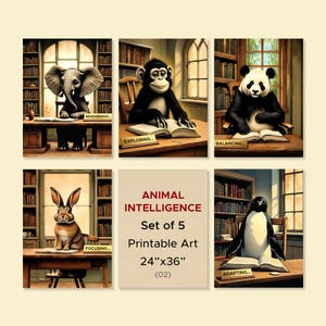 Animal Intelligence Poster Set | Elephant, Monkey, Panda, Rabbit, Penguin Mid-Century Wall Art Print (Digital)