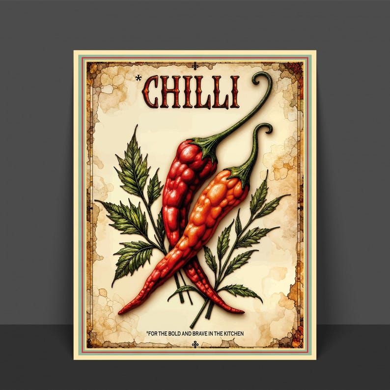K&ouml;nnte beinhalten: Ein Vintage-Poster mit zwei roten Chilischoten mit gr&uuml;nen Stielen und Bl&auml;ttern. Das Wort "CHILLI" steht oben, und der Satz "FOR THE BOLD AND BRAVE IN THE KITCHEN" steht unten. Der Hintergrund hat eine pergamentartige Textur.