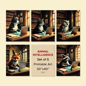 May include: Set of five printable art pieces featuring animals using laptops in a library setting. The animals include a dog, cat, owl, fox, and raccoon. The art is 30" x 40". Each animal has a word on the screen, such as "Processing".