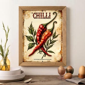 K&ouml;nnte beinhalten: Ein gerahmter Druck mit zwei roten Chilischoten mit gr&uuml;nen Stielen und Bl&auml;ttern. Das Wort "CHILLI" steht oben, und der Satz "FOR THE BOLD AND BRAVE IN THE KITCHEN" steht unten. Der Druck hat einen Vintage-Stil.