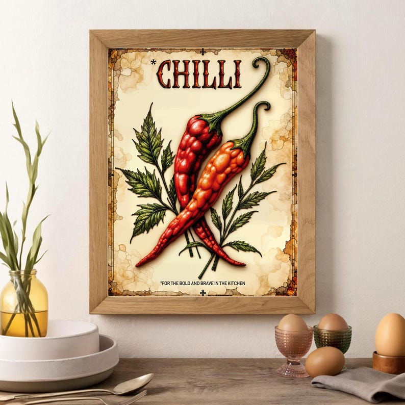 K&ouml;nnte beinhalten: Ein gerahmter Druck mit zwei roten Chilischoten mit gr&uuml;nen Stielen und Bl&auml;ttern. Das Wort "CHILLI" steht oben, und der Satz "FOR THE BOLD AND BRAVE IN THE KITCHEN" steht unten. Der Druck hat einen Vintage-Stil.