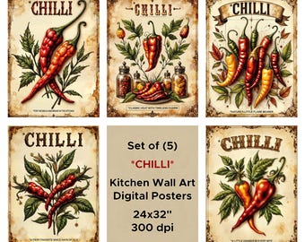 Retro Chili Peppers Küche Poster Set: Vintage Botanische Wand-Kunstdrucke (Digitaler Download)
