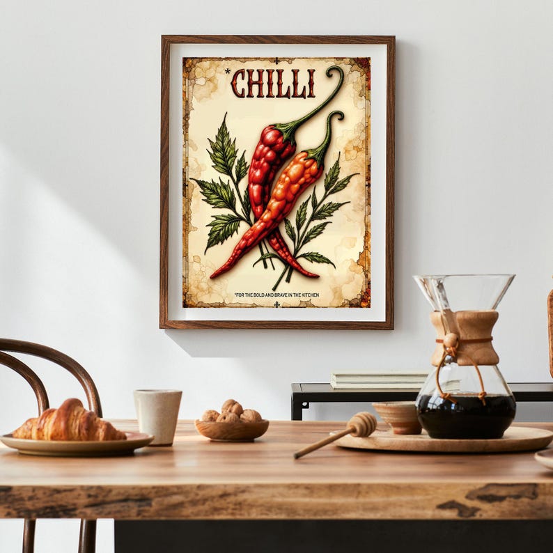 K&ouml;nnte beinhalten: Ein gerahmter Druck mit zwei roten Chilischoten mit gr&uuml;nen Stielen und Bl&auml;ttern, vor einem Hintergrund im Vintage-Stil. Das Wort "CHILLI" steht oben, mit dem Satz "FOR THE BOLD AND BRAVE IN THE KITCHEN" unten.
