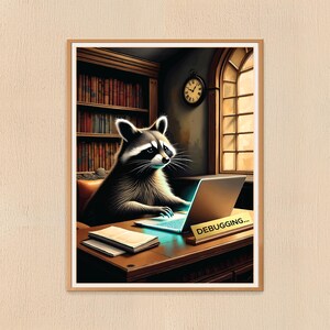 Raccoon DEBUGGING on Laptop Working Poster – Vintage Study Animal Intelligence Wall Art (Digital Download)