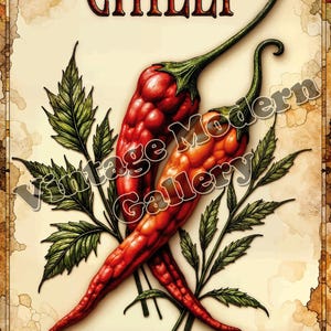 K&ouml;nnte beinhalten: Vintage-Stil-Druck mit zwei roten Chilischoten mit gr&uuml;nen Stielen und Bl&auml;ttern. Das Wort "CHILLI" steht oben, mit dem Text "FOR THE BOLD AND BRAVE IN THE KITCHEN" unten. Der Hintergrund ist in einer Pergamentfarbe gehalten.
