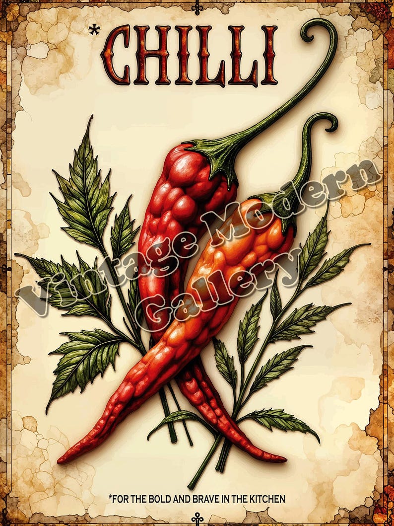 K&ouml;nnte beinhalten: Vintage-Stil-Druck mit zwei roten Chilischoten mit gr&uuml;nen Stielen und Bl&auml;ttern. Das Wort "CHILLI" steht oben, mit dem Text "FOR THE BOLD AND BRAVE IN THE KITCHEN" unten. Der Hintergrund ist in einer Pergamentfarbe gehalten.