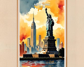 NYC Poster, Art Deco Skyline Travel JPG Digital Download, 24x36-Inch