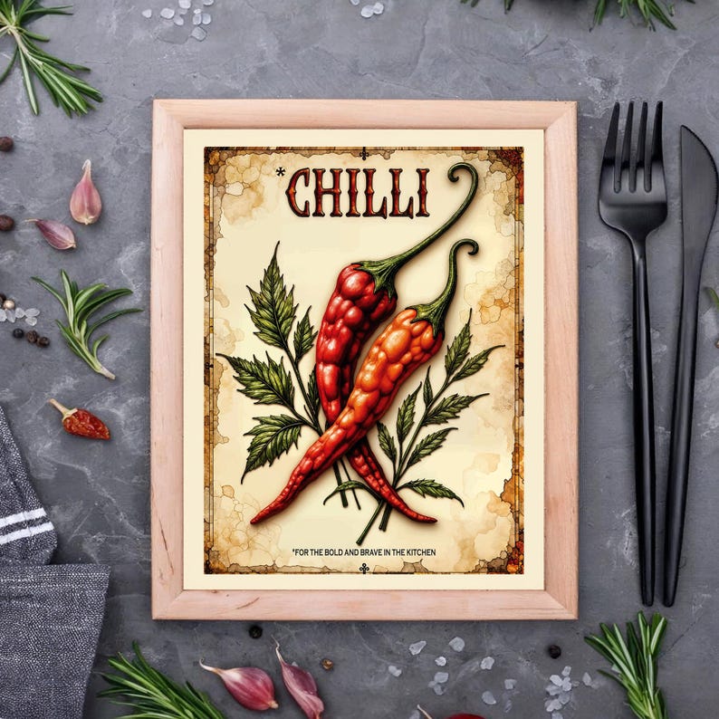 K&ouml;nnte beinhalten: Ein gerahmter Druck mit Vintage-Design, der zwei rote Chilischoten mit gr&uuml;nen Bl&auml;ttern zeigt. Das Wort "CHILLI" steht oben, und der Satz "FOR THE BOLD AND BRAVE IN THE KITCHEN" steht unten. Der Rahmen ist hellbraun.