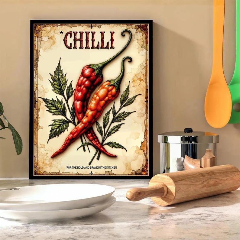 K&ouml;nnte beinhalten: Ein gerahmter Druck mit zwei roten Chilischoten und gr&uuml;nen Bl&auml;ttern. Das Wort "CHILLI" steht oben, und der Satz "FOR THE BOLD AND BRAVE IN THE KITCHEN" steht unten. Der Druck hat einen Vintage-Stil, passend f&uuml;r eine K&uuml;che.