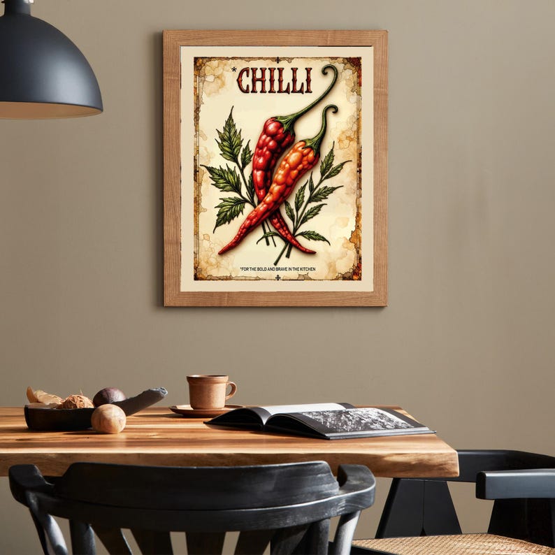 K&ouml;nnte beinhalten: Gerahmter Vintage-Print mit zwei roten Chilischoten und gr&uuml;nen Bl&auml;ttern. Das Wort "CHILLI" steht oben, mit dem Text "FOR THE BOLD AND BRAVE IN THE KITCHEN" unten. Der Druck hat ein gealtertes, abgenutztes Aussehen.