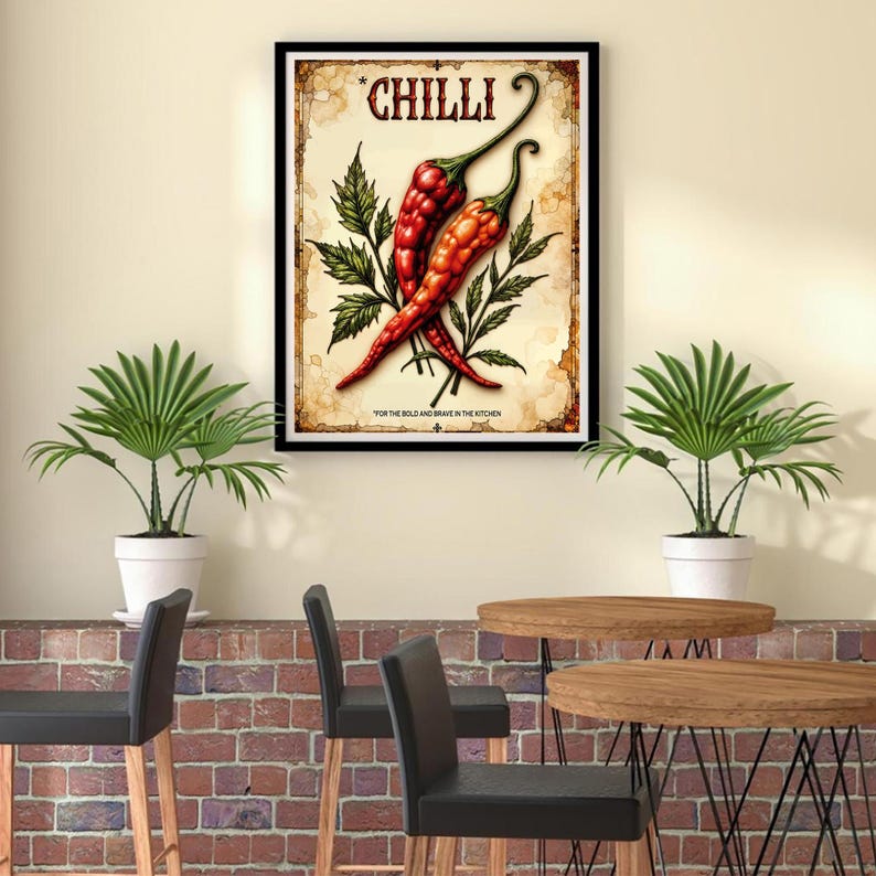 K&ouml;nnte beinhalten: Gerahmter Kunstdruck mit zwei roten Chilischoten mit gr&uuml;nen Bl&auml;ttern vor einem Hintergrund im Vintage-Stil. Das Wort "CHILLI" steht oben, mit dem Text "FOR THE BOLD AND BRAVE IN THE KITCHEN" unten.