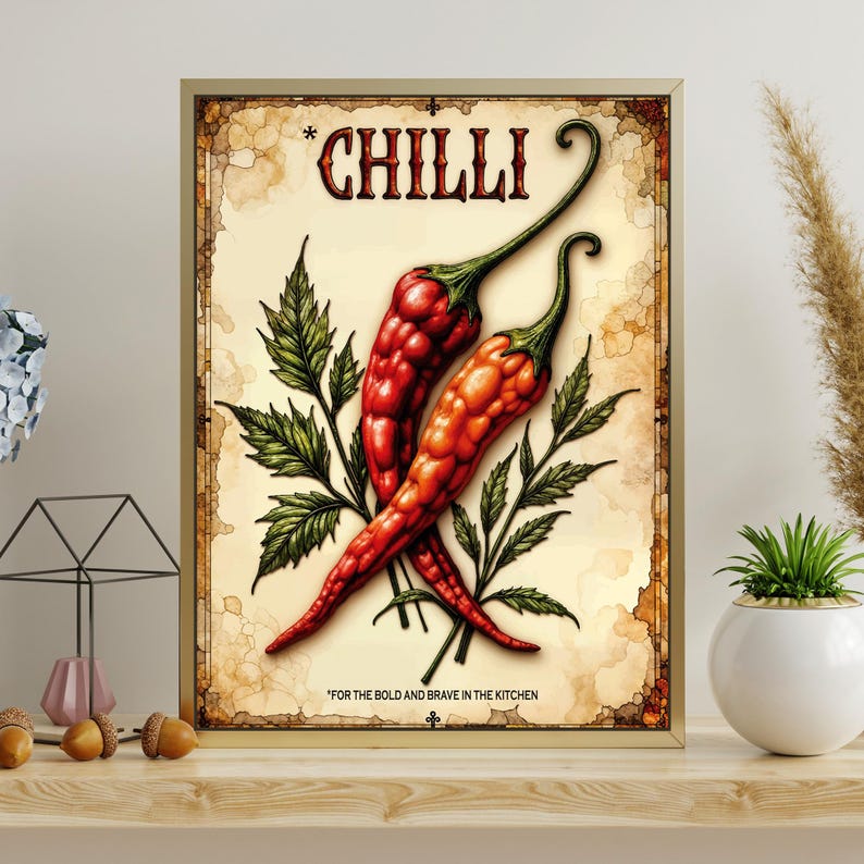 K&ouml;nnte beinhalten: Ein gerahmter Druck mit zwei roten Chilischoten mit gr&uuml;nen Stielen und Bl&auml;ttern, vor einem Hintergrund im Vintage-Stil. Das Wort "CHILLI" steht oben, mit dem Text "FOR THE BOLD AND BRAVE IN THE KITCHEN" unten.
