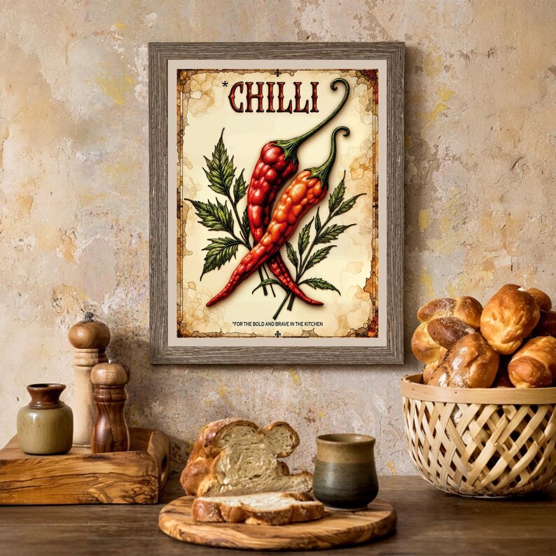 K&ouml;nnte beinhalten: Ein gerahmter Druck mit zwei roten Chilischoten und gr&uuml;nen Bl&auml;ttern, dem Wort "CHILLI" oben und Text unten. Der Druck befindet sich an einer Wand, mit Brot und einem Korb auf einem Holztisch im Vordergrund.