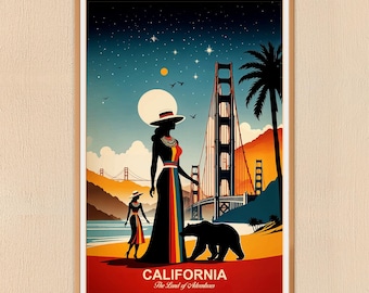 Retro California Travel Poster: Vintage Golden Gate Bridge Adventures Wall Art (Digital Download)