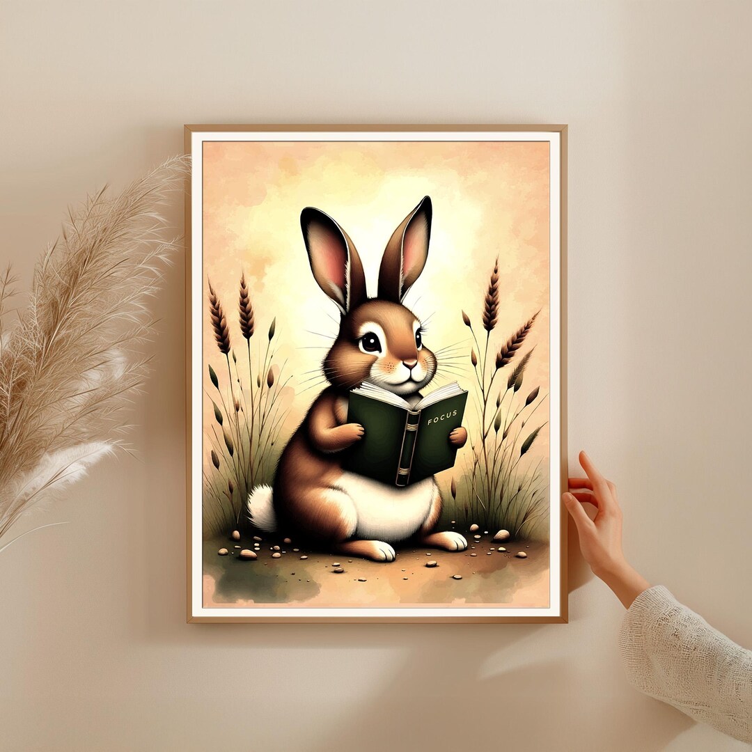 Rabbit Reading FOCUS Book Poster – Vintage Storybook Illustration ...