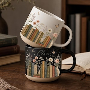 Vintage Bookshelf Mug, Floral Book Lover Pottery Mug, Cottagecore Library Coffee Cup, Personalized Reader Gift, Botanical Ceramic Mug