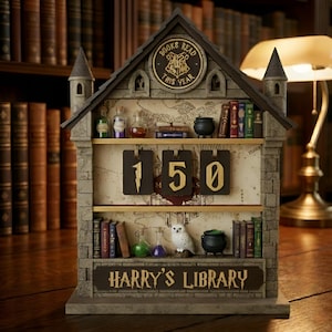 May include: A house-shaped bookshelf, themed around Harry Potter, with miniature books, potion bottles, a cauldron, and an owl figurine. The sign reads "Harry's Library" and "Books Read This Year". The number "150" is displayed. The design is reminiscent of a stone building.