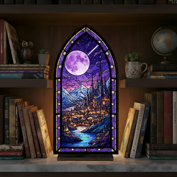 Velaris Book Nook, ACOTAR Night Court Moon Window Lamp, Fantasy Arch Bookshelf Insert, Bookish Starfall Decor, Night Court Book Nook