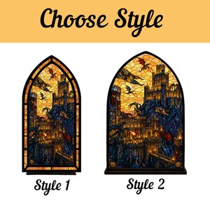 May include: Two stained glass window panels with a castle scene, dragons, and the text "Choose Style." Style 1 is arched, and Style 2 is a rounded arch. The windows have a black frame and base.