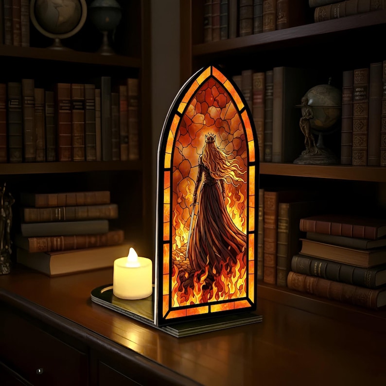 Aelin Book Nook, Fire Queen Book Nook, Throne of Glass Fantasy Window Light, Warrior Queen Arch Decor, Bookish Gift, Arch Bookshelf Decor image 4