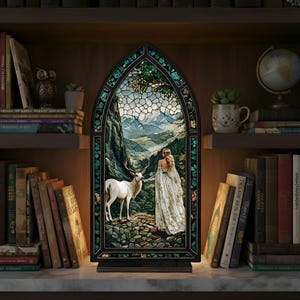 Puede incluir: Un panel decorativo de vidrieras que representa a una mujer y un ciervo blanco en un paisaje montañoso. El panel está enmarcado en negro y verde, con una base de madera. La escena está iluminada, creando un brillo cálido. El panel se exhibe en una estantería con libros.