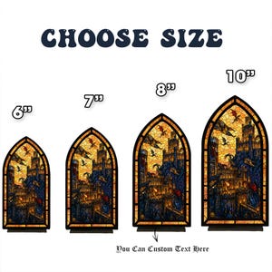 May include: Stained glass art pieces in various sizes: 6", 7", 8", and 10". Each features a castle scene with dragons and a warm colour palette. The text "CHOOSE SIZE" is at the top, and "You Can Custom Text Here" is at the bottom.