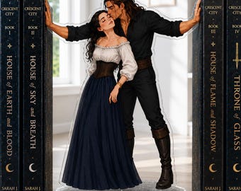 May include: A decorative acrylic standee featuring an illustration of a couple embracing between two book spines. The books are titled House of Earth and Blood, House of Sky and Breath, House of Flame and Shadow, and Throne of Glass by Sarah J. Maas.