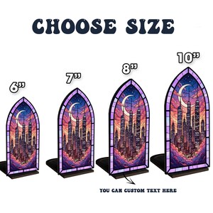 May include: Four stained-glass style bookends in various sizes: 6", 7", 8", and 10". Each features a cityscape under a crescent moon and starry sky. The text "CHOOSE SIZE" is at the top, with "YOU CAN CUSTOM TEXT HERE" at the bottom.