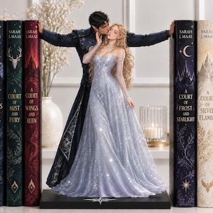 May include: A collectible figurine set featuring two figures standing between four books by Sarah J. Maas. One figure wears a dark blue patterned coat, while the other wears a shimmering, floor-length light blue gown with long sheer sleeves.