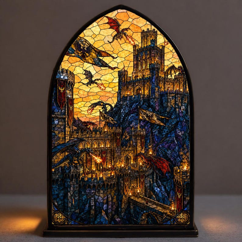 May include: Stained glass lamp depicting a fantasy castle scene with dragons. The artwork shows a fortress with towers, flags, and dragons in a sunset sky. The lamp has a black base and a gothic arch shape.