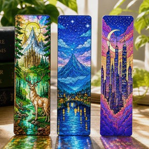 May include: Three rectangular bookmarks featuring stained glass style illustrations. The left shows a deer, castle, and mountains. The center depicts a mountain, bridge, and water. The right displays a city skyline under a crescent moon and clouds.