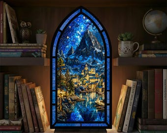 Velaris ACOTAR bokhörna, Velaris nattgård målat glasdekor, fantasy bokhyllinsats, romantisk läspresent bokälskare present